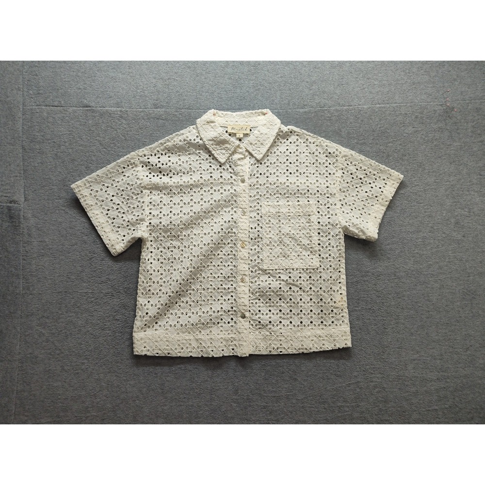 Marled Women Top S Cream Eyelet Button Front Collared Short Sleeve Pocket Casual